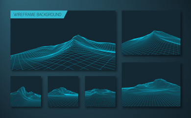 Set of abstract wireframe landscapes. 3D Landscape of the Mountains. Digital Elements for Presentations. Vector Illustration.