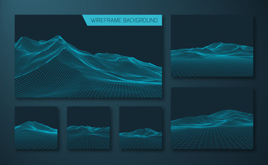 Set of abstract wireframe landscapes. 3D Landscape of the Mountains. Digital Elements for Presentations. Vector Illustration.