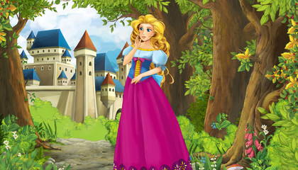 Plakat Cartoon nature scene with beautiful castle near the forest and princess - illustration for the children
