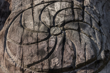 Slavic pagan esoteric symbols (runes) are carved on a wooden surface