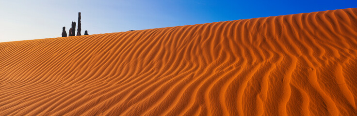 This is Yei Bi Chei and The Totem Pole at sunrise. It is peaking over a sand dune.