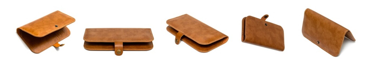 Brown leather business card holder on a white background