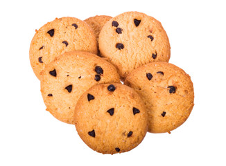 homemade chocolate chips cookies on white background in top view, clipoing paths