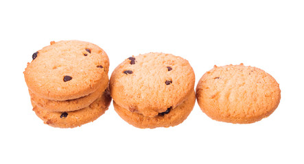 homemade chocolate chips cookies on white background in top view, clipoing paths