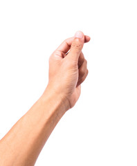 Male hand holding a virtual card with your fingers on a white background, clipping paths