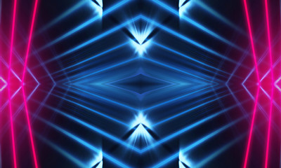 Dark neon background with lines and rays. Blue and pink neon. Abstract futuristic background. Night scene with neon, light reflection. Neon lines, shapes. Multi-colored glow, blurry lights.