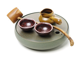 Closeup of tea set on white background