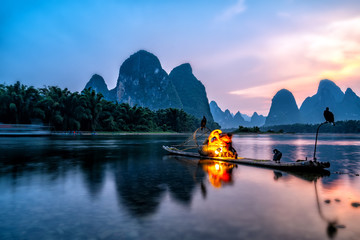 Landscape and bamboo rafts of Lijiang River in Guilin, Guangxi..