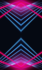 Dark neon background with lines and rays. Blue and pink neon. Abstract futuristic background. Night scene with neon, light reflection. Neon lines, shapes. Multi-colored glow, blurry lights.