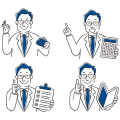 手描き1color 　中年ビジネスマン4アイテム　ポジティブ4ポーズ