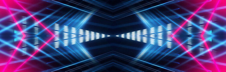 Obraz premium Dark neon background with lines and rays. Blue and pink neon. Abstract futuristic background. Night scene with neon, light reflection. Neon lines, shapes. Multi-colored glow, blurry lights.