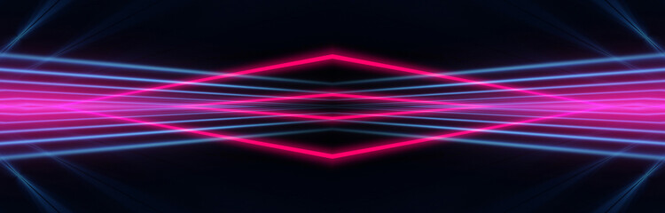 Dark neon background with lines and rays. Blue and pink neon. Abstract futuristic background. Night scene with neon, light reflection. Neon lines, shapes. Multi-colored glow, blurry lights.