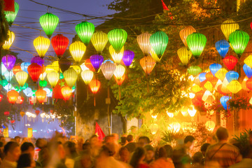 Celebration of Tet, Vietnamese new year, in Hoi An. The streets are decorated with traditional Vietnamese lanterns.
