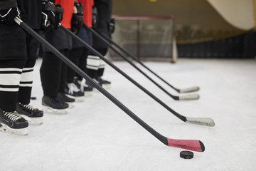 Side view low section of hockey team standing in row ready for match on ice, copy space