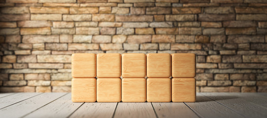 ten empty wooden blocks in 2 rows for own text in front of a brick wall