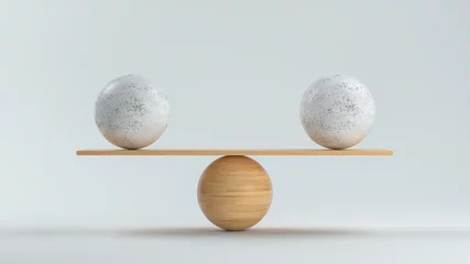 Deurstickers wooden scale balancing two big balls in front white background © fotogestoeber