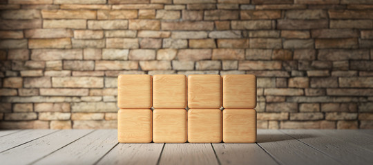eight empty wooden blocks in 2 rows for own text in front of a brick wall