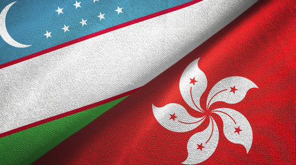 Uzbekistan and Hong Kong two flags textile cloth, fabric texture