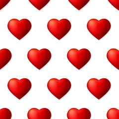 Seamless pattern with volume red hearts isolated on white background. Decoration for Valentine s day, template for fabric, wrapper, banners. Vector 3d illustration