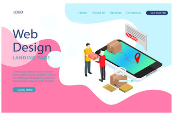 Website template design.  Modern Box package order tracking flat 3d isometry isometric business online store shop delivery concept Suitable for Diagrams, Other Graphic Related Assets