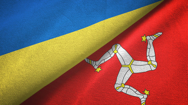 Ukraine and Isle of Mann two flags textile cloth, fabric texture