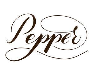 Vector hand written pepper text isolated on white background. Kitchen healthy herbs and spices for cooking. Script brushpen lettering with flourishes. Handwriting for banner, poster, product label