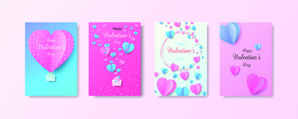 Fototapeta na wymiar Paper elements in shape of heart flying on background. Valentine's Day, greeting card design. Vector illustration