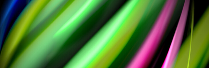 Silk and smooth flow wave poster design. Color waves, liquid style lines and shapes in black color background