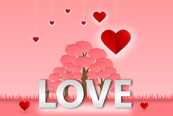 Paper art concept contains many shape of paper cutting element such as LOVE text on pink background. Symbol of love for Happy Women's, Mother's, Valentine's Day, birthday greeting, Poster, invitation 