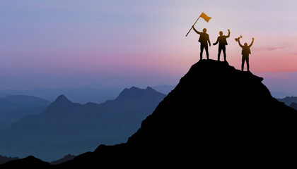 Silhouette of Businessman team, Group of peoples standing on mountain