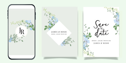 Summer Flower Wedding Invitation set, floral invite thank you, rsvp modern card Design in blue flower and leaf greenery  branches with blue background decorative Vector elegant rustic template