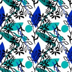 Seamless blue flower pattern.Hand drawn paint.Nature texture.