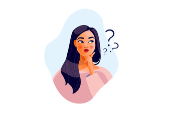 Thinking girl. Beautiful face, doubts, problems, thoughts, emotions. Curious woman questioning, question mark. Vector illustration