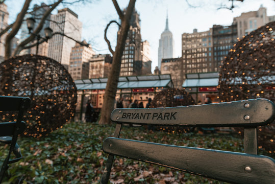 Bryant park bench in autumn