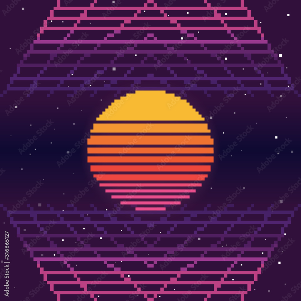 Leinwandbilder vector pixel art of 80s retro sci-fi background. pixel art background. 8bit. planet in space. retro 
