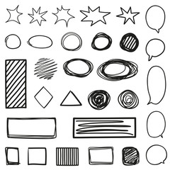 Different geometric shapes on white. Abstract speech bubble. Chaotic simple sketch. Black and white illustration. Set of doodles for design