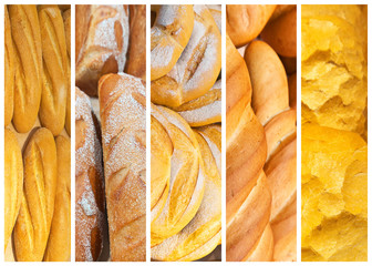 Collage of different types of fresh appetizing bread from wheat and rye flour on the counter in the bakery. Healthy eating Edible background, flat lay, close-up