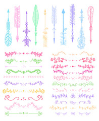 Hand drawn colorful arrows and dividers on white. Abstract decor elements for design. Outline elements