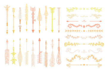 Hand drawn colorful dividers and arrows on white. Abstract decor elements for your design