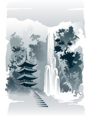 Temple, Pagoda on the background of a waterfall. Vector illustration in traditional oriental style.