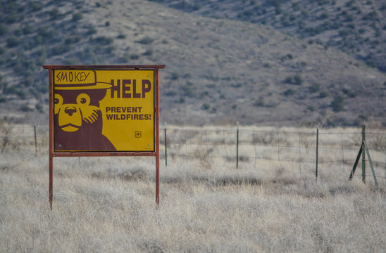 Help Smokey the Bear prevent wildfires, sign. at Camp Verde, Sonoran Desert, Coconino National Forest in Arizona