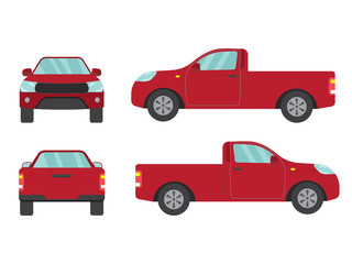 Fototapeta na wymiar Set of red pickup truck single cab car view on white background,illustration vector,Side, front, back