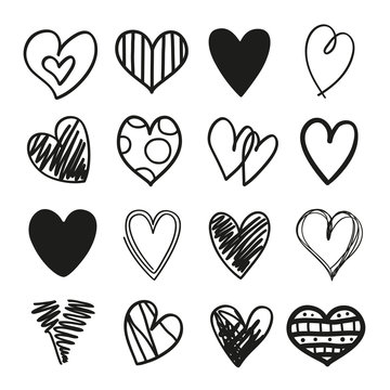 Many black hearts on isolated white background. Set of elements for design. Black and white illustration