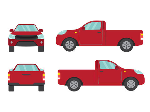 Set of red pickup truck single cab car view on white background,illustration vector,Side, front, back