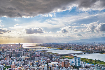 The birds eye view of Yodo River. Osaka. Japan