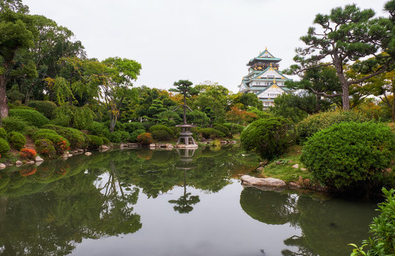 The traditional Japanese garden in the inner bailey of Osaka Castle. Japan