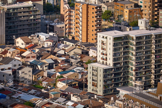 The birds eye view of modern and traditional styles of Japanese housing. Osaka
