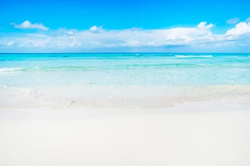 Poster White sand beach and turquoise waves. Turquoise sea water and blue sky. Eagle Beach of Aruba Island. Beautiful backgrounds. © diy13