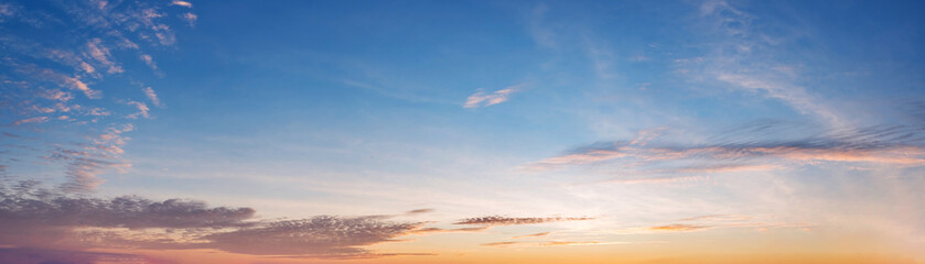 Panorama of Dramatic vibrant color with beautiful cloud of sunrise and sunset. Panoramic image.