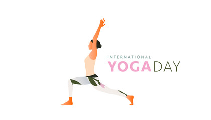 Fototapeta na wymiar Woman practicing yoga exercise, yoga pose. Modern flat design concept of web page design or mobile website. International Yoga Day. Vector illustration